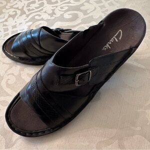 Clarks Black Leather Slide Sandals with Side Buckle